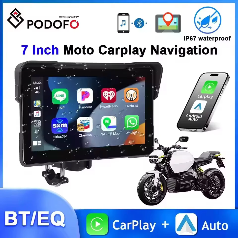 Podofo 7'' Motorcycle CarPlay & Android Auto GPS DVR